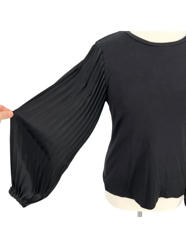 T Tahari Pleated Puff Sleeve Blouse Black Size Small Elegant Minimalism - Image 3