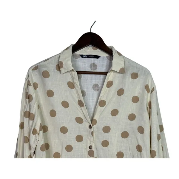 Zara Button Up Shirt Textured Polka Dot Collared Long Sleeve Small Ivory Beige - Image 3