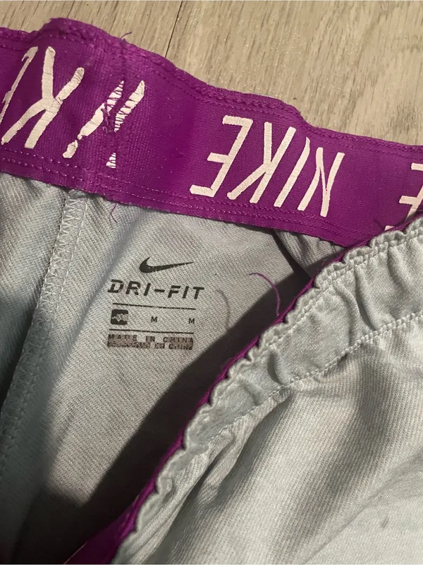 Nike Women's Light Gray Athletic Shorts with Purple Waistband and Drawcord - Image 2