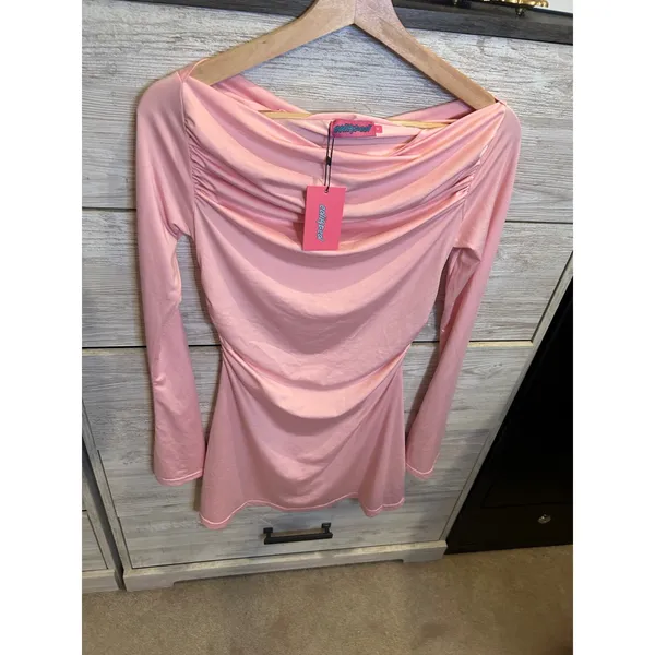 Edikted Pink Ruched Long Sleeve Mini Dress Boat Neck Bodycon Size M NWT - Image 2