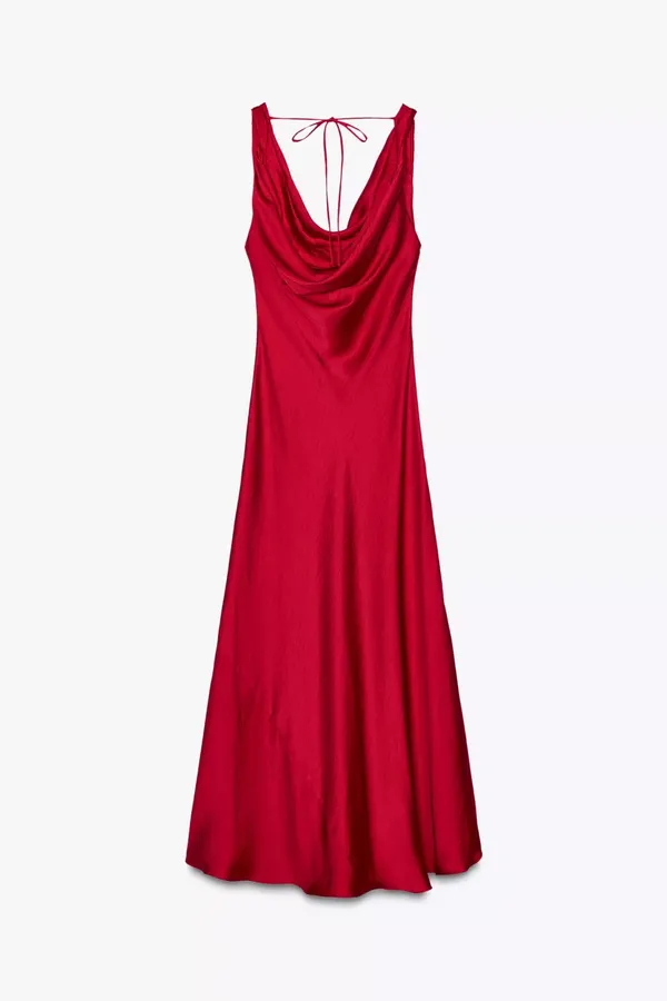 Zara Elegant Red Satin Long Dress Evening Party Gown - Image 4