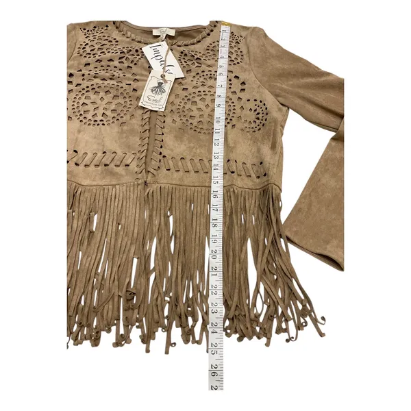 Easel Los Angeles Suede Like Jacket Boho Fringe Cutout Embellished Tan‎ - Image 11
