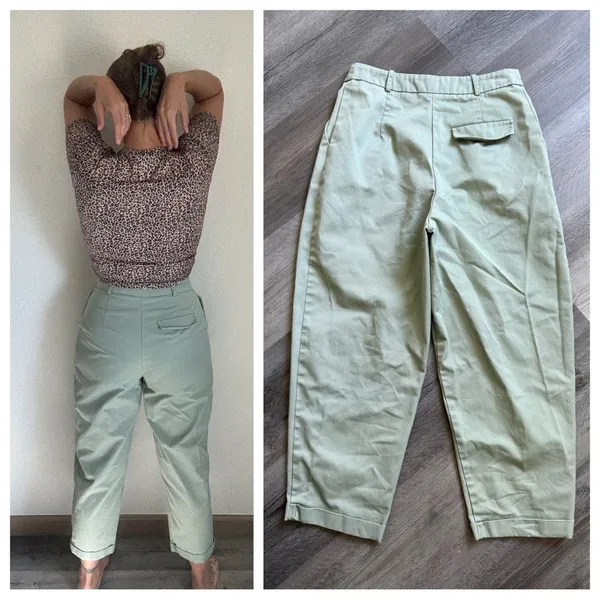 TOPSHOP Pleated High Rise Pants Sage Green US 6 Cropped - Image 6