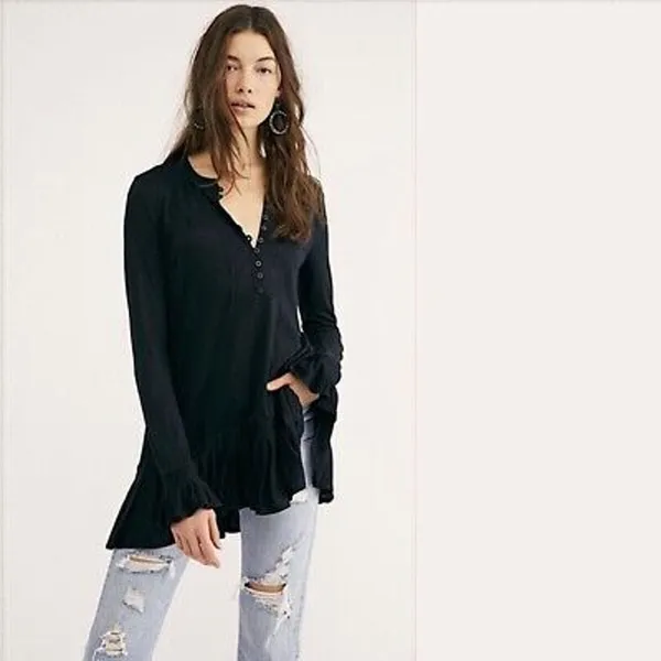 Free People Your Girl Black Long Sleeve Ruffle Henley Tunic Blouse Top Size XS - Image 3