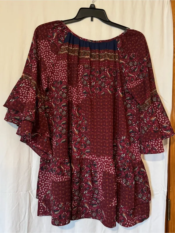 Umgee Maroon Boho Mixed‑Print Tiered Sleeve Tunic/Mini Dress Size Medium - Image 2