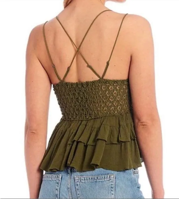 NWT Free People Womens medium olive sparrow green Adella lace cross strap Cami - Image 2