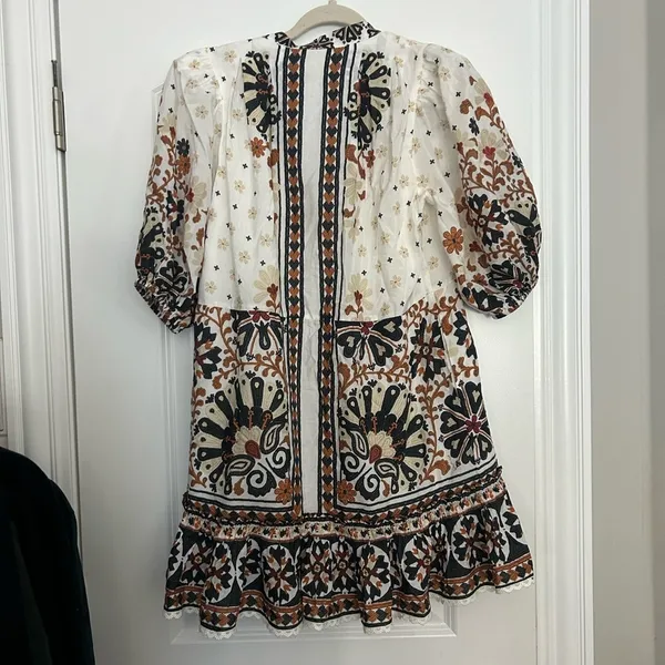 Flower Fan Tapestry Print Puff Sleeve Belted Mini Shirtdress - Image 6