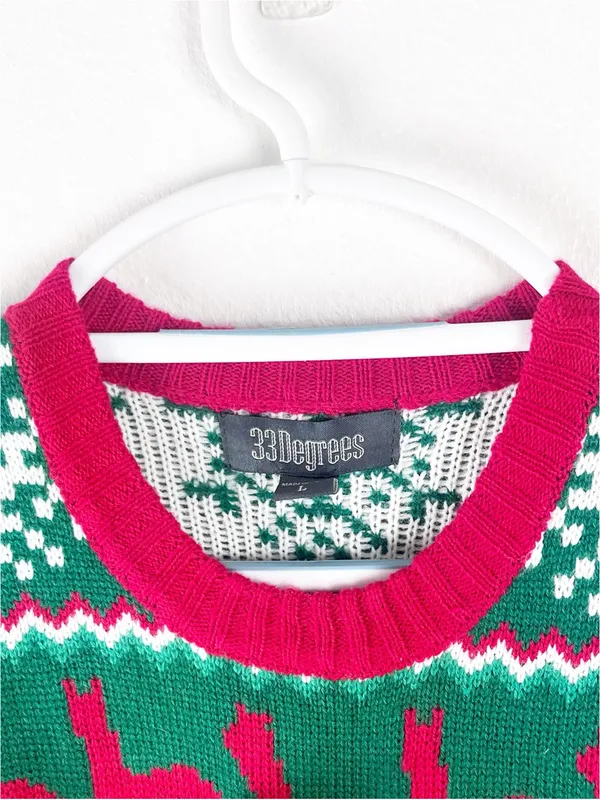 33 DEGREES Llama Scarf Pom Pom Hat Graphic Unisex Christmas Sweater Size Large - Image 5
