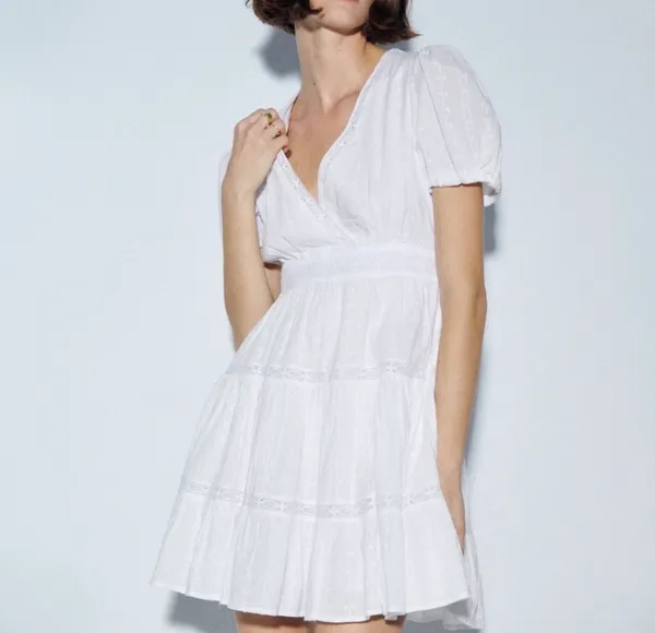 Zara white lace crochet mini dress white shirt sleeve summer sundress - Image 8