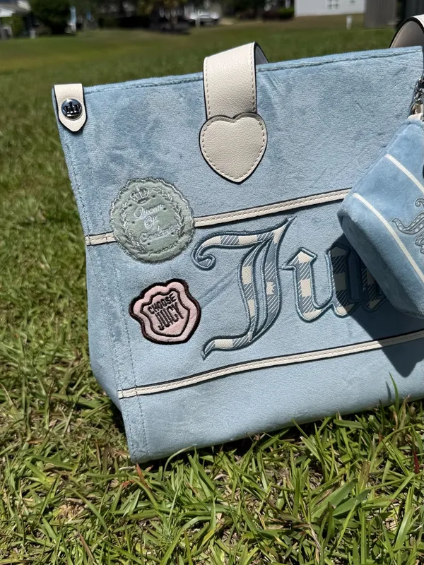 Juicy Couture Blue Velour Tote Bag Mini Charm Scottie Keychain Y2K McBling Purse - Image 2