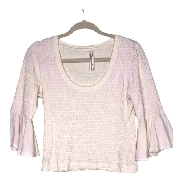Anthropologie Cream Scoop Neck Smocked Bell Sleeve Blouse XS - Image 3