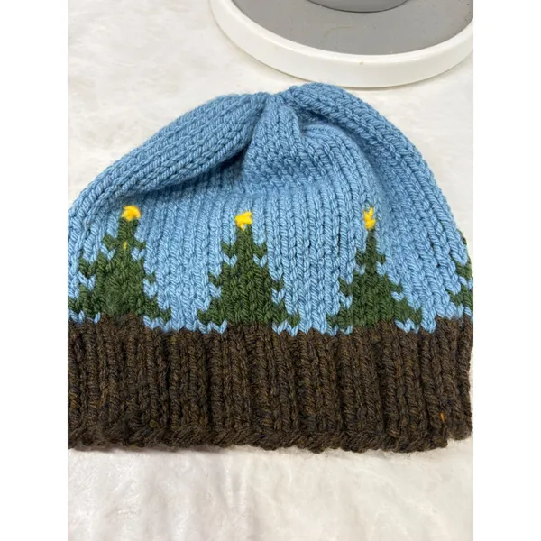Vintage Handmade Knit Beanie Winter Tree Star Landscape Blue Brown Hat‎ Womens - Image 2