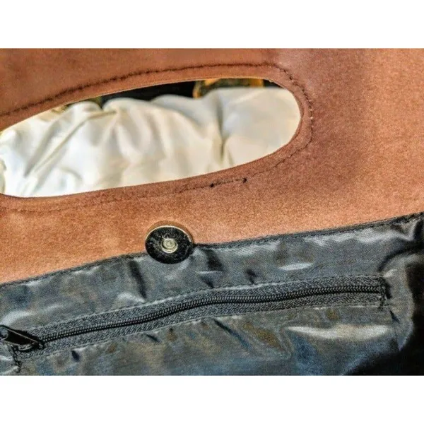 Handmade Vintage-Inspired Brown & Gold Brocade Handbag With Suede Accents Snap Closure & - Image 2