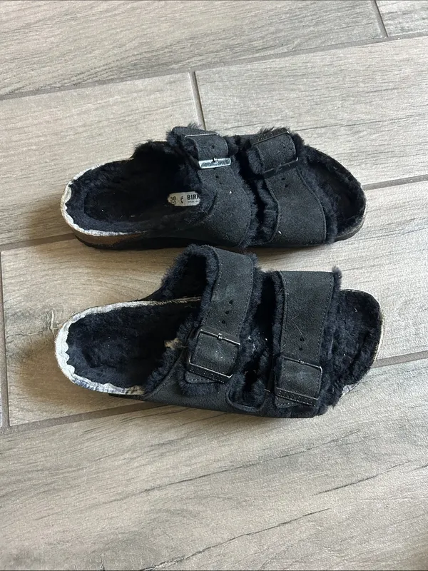 Birkenstock Black Faux Fur Double-Strap Sandals - Image 3