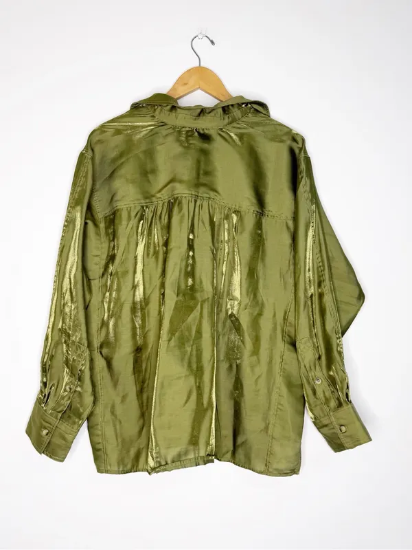 Pilcro Anthropologie Large Olive Green Satin Blouse Oversized OB1786712 - Image 3