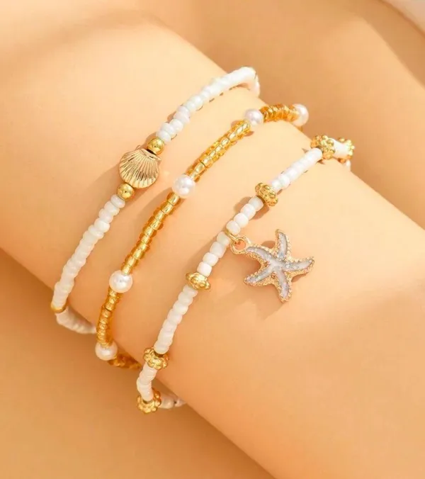 Handmade 3pcs/Set Women Simple White Rice Bead/Faux Pearl Beaded Anklet With Golden Starfish & Seashell Charms, Suitable For Daily Wear And Vacation - Image 6