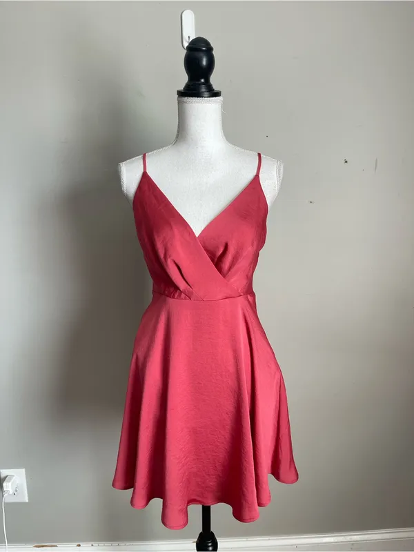 EXPRESS Rose Red Satin Faux Wrap Mini Flare Dress Sz XS - Image 2