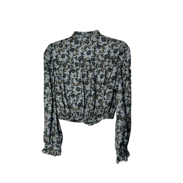 Topshop CROP BLOUSE paisley Frill In Blue Long Sleeve Boho Size 4 - Image 7
