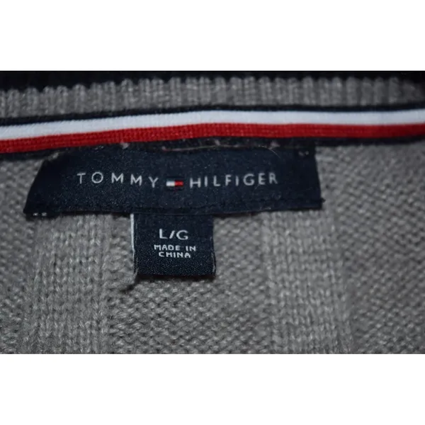 Tommy Hilfiger Sweater Large Gray Varsity V-Neck Cable Knit Excellent Y2K Junior - Image 4