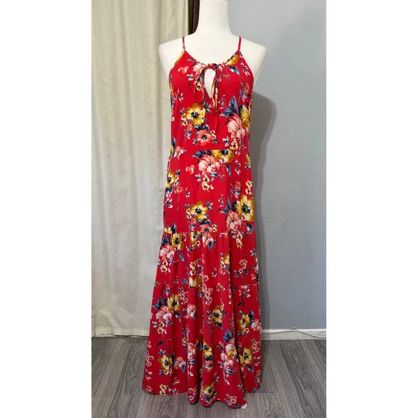 Band of Gypsies Red Floral Tiered Maxi Dress Small Halter Keyhole Boho Sundress - Image 3