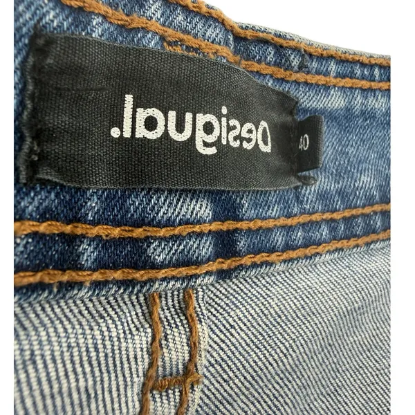 Desigual Embroidered Daisy Cropped Culotte Jeans‎ Wide Leg Blue Denim 40 US 8 - Image 10