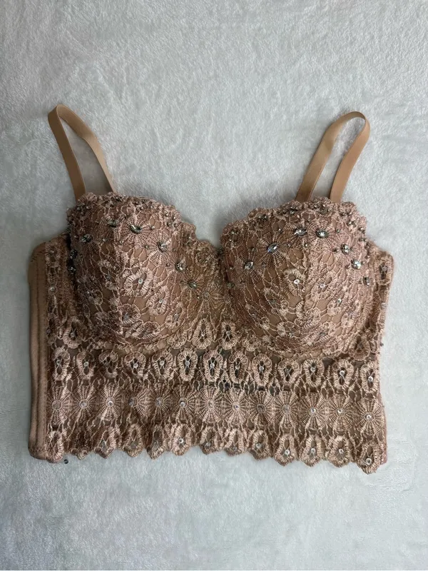Windsor Embellished Lace Corset Bustier Crop Top Nude Blush Size S - Image 3