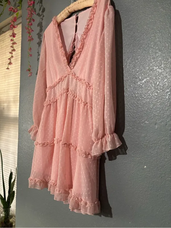 Women's Pink Ruffle Swiss Dot Babydoll Nightdress - Image 2
