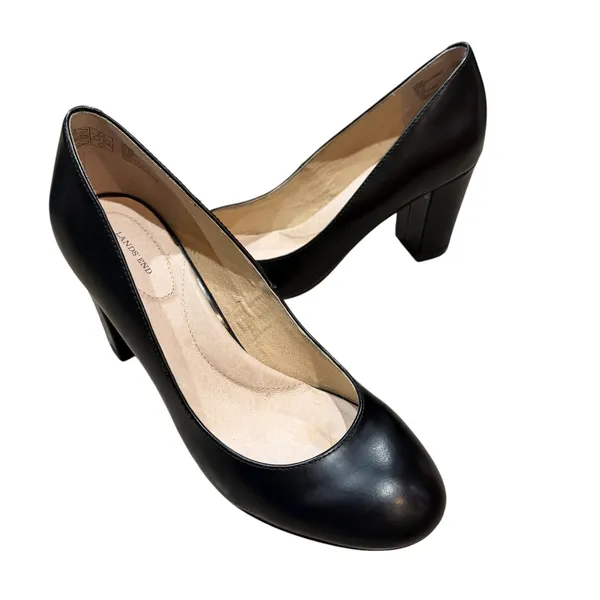 Lands End Pumps Size 7.5B Black Leather 3" Block Heel Neutral Classic Minimalist - Image 6
