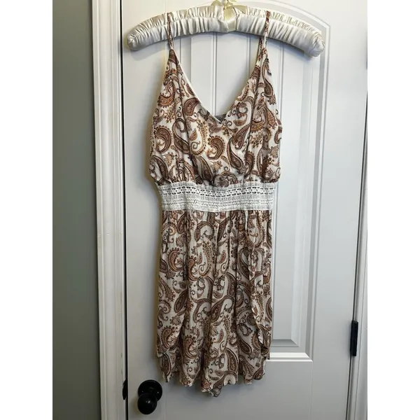 Justify XL Cream Brown Paisley Rayon Crochet Waist Sleeveless Boho Jumper Dress - Image 13