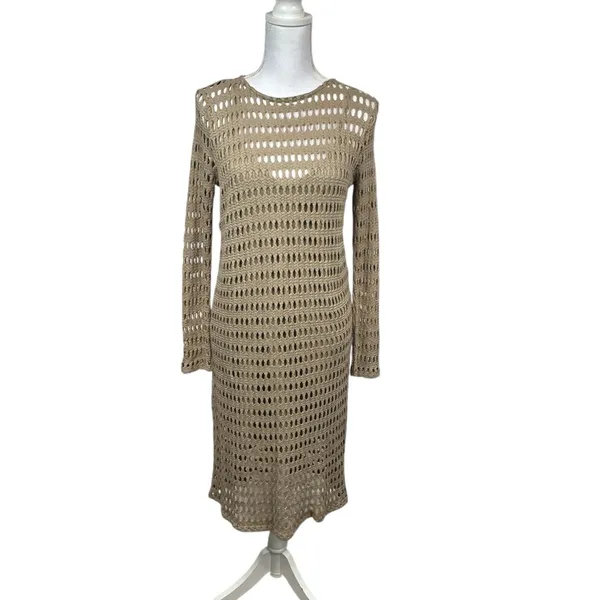 Zara Classic Open Knit Boho Crochet Lined Midi Length Dress in Tan Size Medium - Image 2