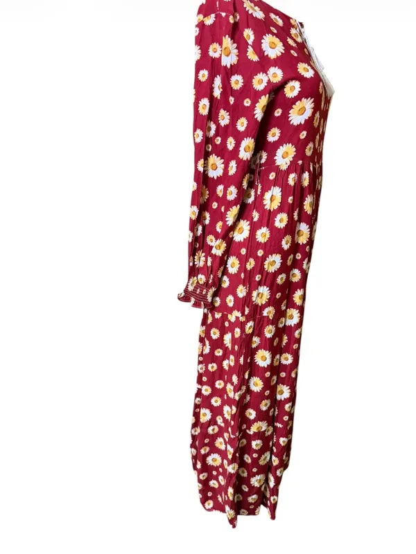 Women’s Red Daisy Print Long Sleeve Maxi Dress - Image 4