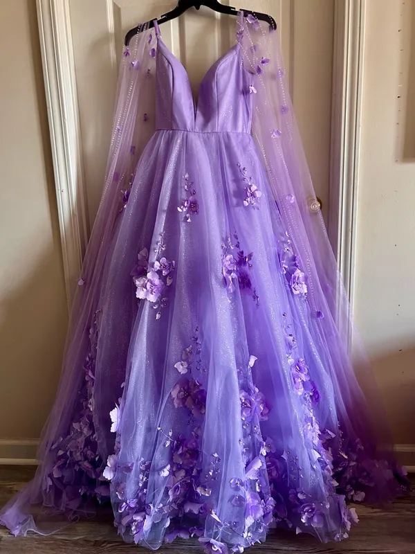 Ellie Wilde Lilac Embroidered Lace‎ Organza Sparkly Prom Dress w/Cape Sleeves 6 - Image 6
