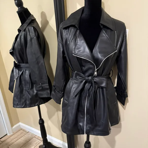 Faux leather jacket pu leather coat trench parka fall coat motorcycle jacket Black Size XS - Image 11