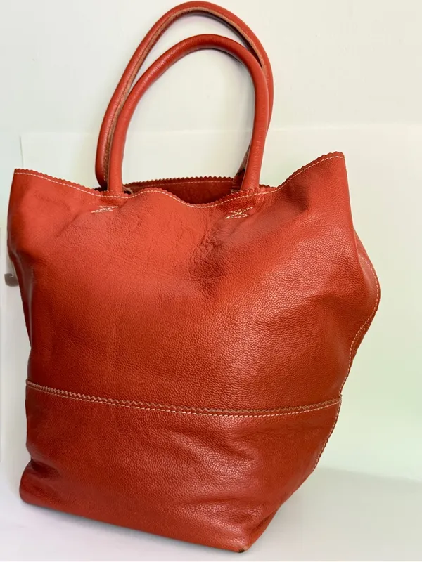 Crate & Barrel Pebbled Leather Tote Bag Orange Slouchy 2016 Limited Release - Image 3