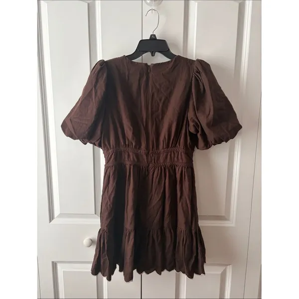 House of Harlow 1960 Brown Linen Dress Scallop Trim Cottagecore Size 6 - Image 3