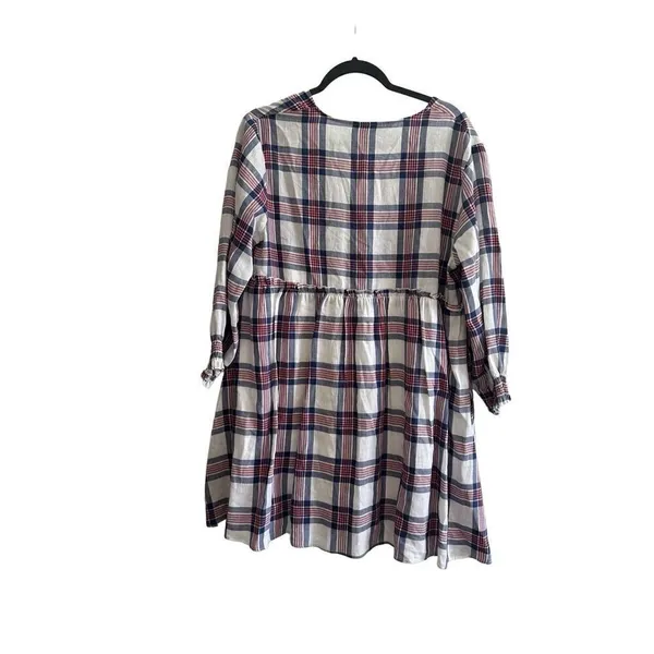 Zara White Red Blue Plaid V/Neck Fit& Flare Pleat Tunic Midi Dress Sz L - Image 4