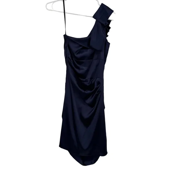B. Smart Cocktail Dress‎ Women 7/8 Navy Blue Excellent One Shoulder Ruched Satin - Image 6