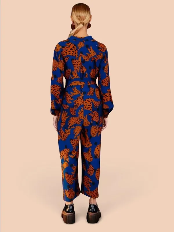 Farm Rio Banana Blue & Brown Printed Jumpsuit with Tie Waist Size Small - Image 3