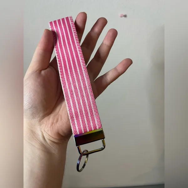 Handmade Pink White Striped Preppy Satin Canvas Key fob Wristlet Keychain Barbie - Image 4