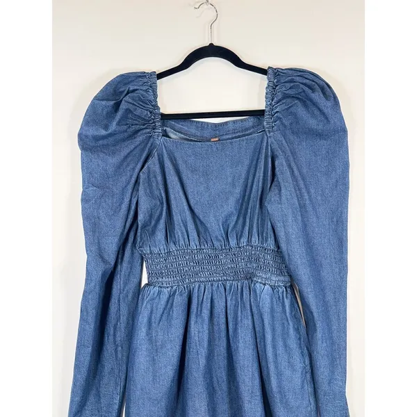 Free People Womens Dress Molly Mini Chambray Puff Sleeve Smocked A Line Large - Image 7
