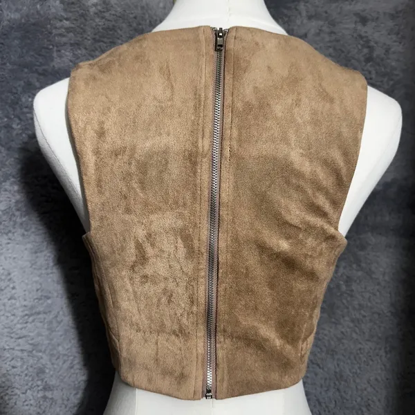 Olivaceous Crop‎ Top Womens Medium Tan Brown Faux Suede V-Neck Full Back Zip - Image 8