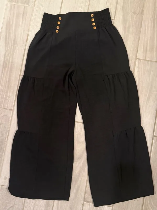High-Waist Wide-Leg Black Pants with Button Detail - Image 2
