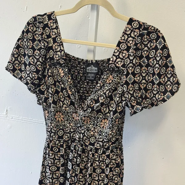 Angie Boho Floral Smocked High Low Midi Dress Black Pink Small Cottagecore - Image 3