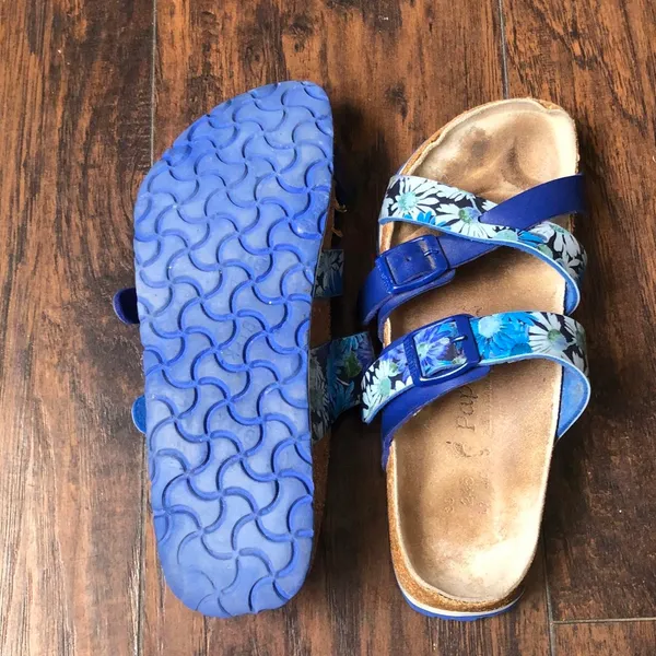 Papillio Birkenstock Blue Floral Tropical Garden Slides Sandals Criss Cross Double Triple Band #Boho #Beach #Vacation #Summer #Resort Women 7 Size 38 - Image 5