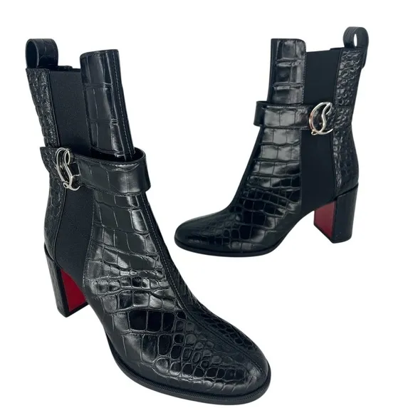 Christian Louboutin Croc Embossed Chelsea Boot 70 Calf Leather in‎ Black Size 37 - Image 3