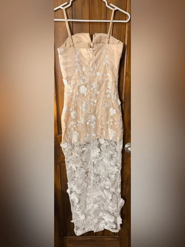 Sheer Lace Overlay Nude & White Spaghetti-Strap Dress - Image 4