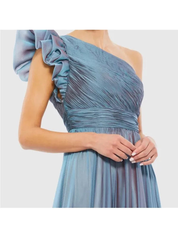 NEW | Mac Duggal 67878 One Shoulder Blue Organza Pleated Tiered Maxi Gown 0 - Image 3