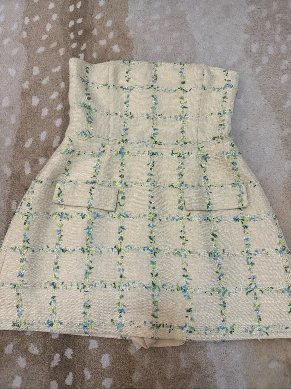 Amanda Uprichard Bethany Tweed Strapless Skort Romper Size L Cream Plaid - Image 8