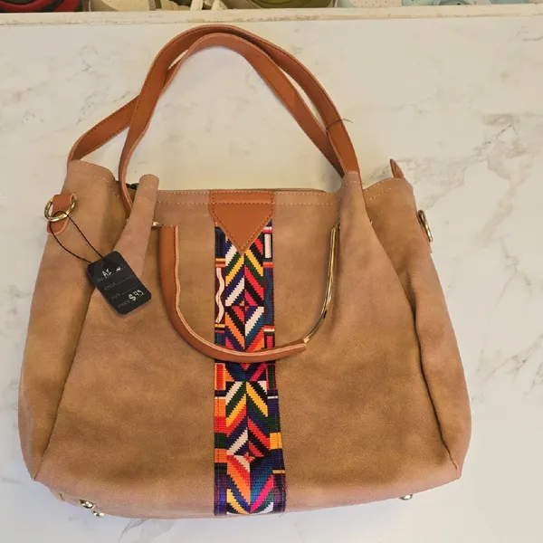 Elegant Tan Tote with Colorful Pattern Brown - Image 3