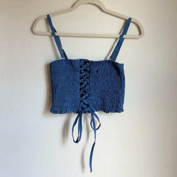 American Eagle Lace Up Smocked Crop Top Blue - Image 2